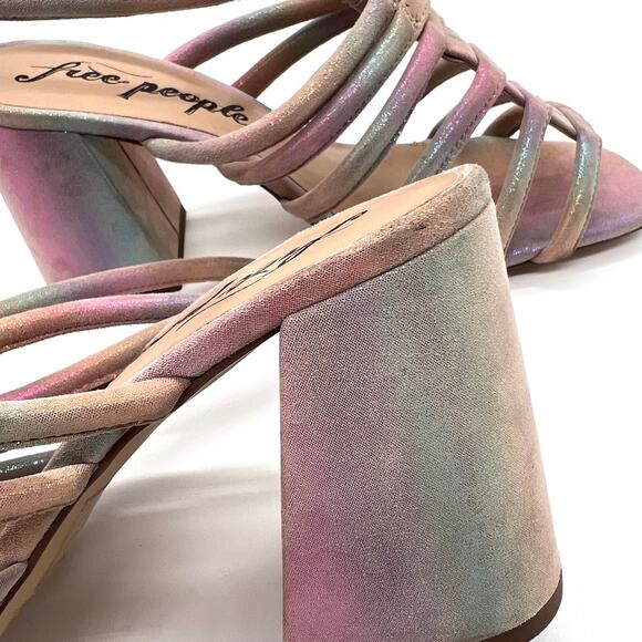 FREE PEOPLE Colette Leather Heels 7.5 Metallic Rainbow Strappy Sandal Cage NEW - Picture 11 of 15